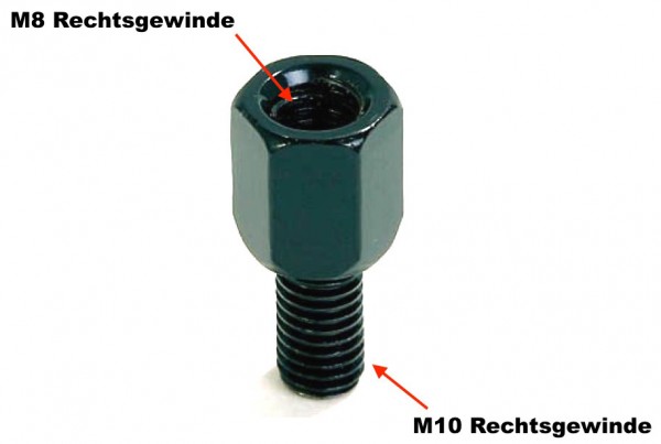 Spiegel Adapter Loch (Innen) M8 Rechtsgewinde auf Bolzen (Außen) M10 Rechtsgewinde schwarz